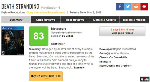 《死亡搁浅》全球评分解禁 MC平均82 评分两极分化 PS4 小岛秀夫 死亡搁浅 索尼PS  第1张