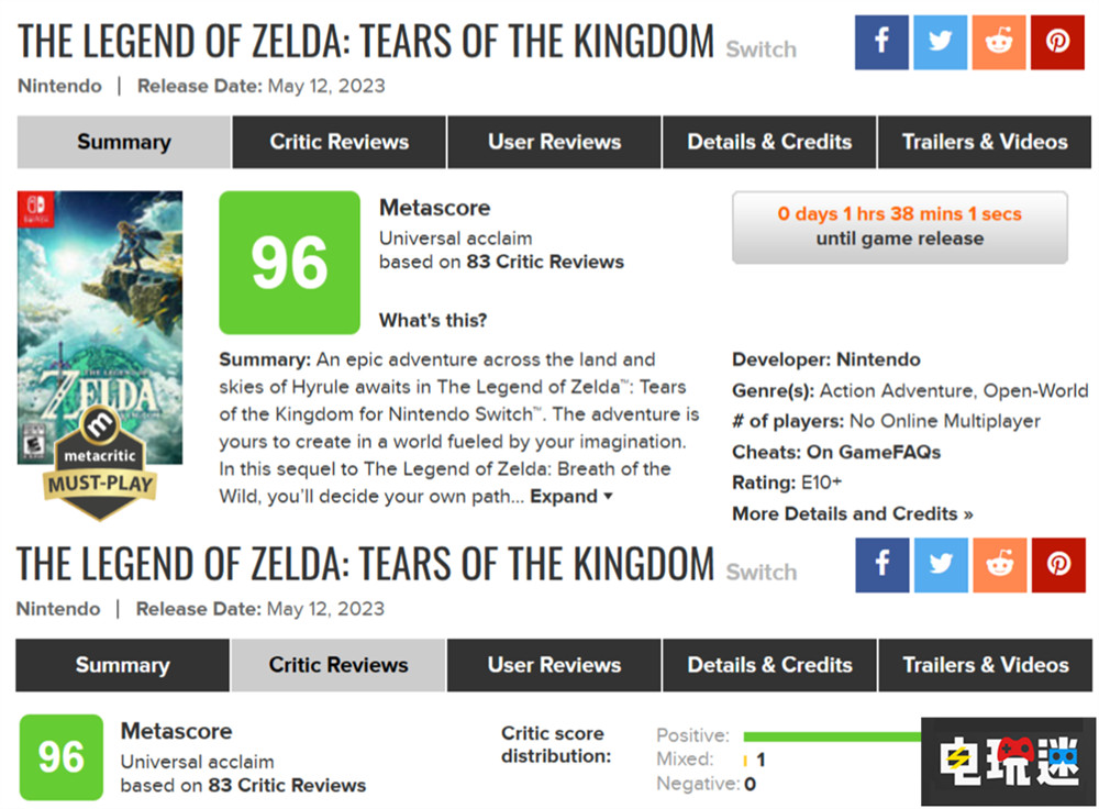 不出所料 《塞尔达传说 王国之泪》MC评分解锁：96 除了掉帧都好 开放世界游戏 单机游戏 Switch 王国之泪 塞尔达传说 任天堂 任天堂SWITCH  第2张