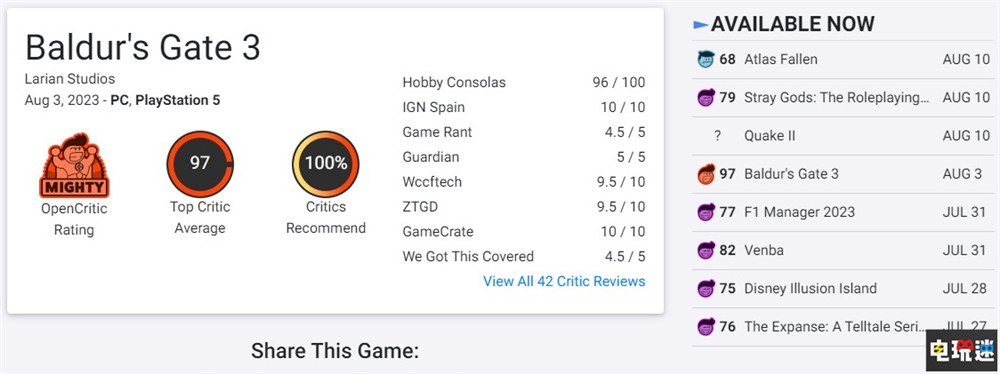 《博德之门3》Steam玩家峰值破87万 成为MTC评分最高的PC游戏 单机游戏 角色扮演游戏 RPG PS5游戏 PC游戏 正式版 博德之门3 电玩迷资讯  第5张