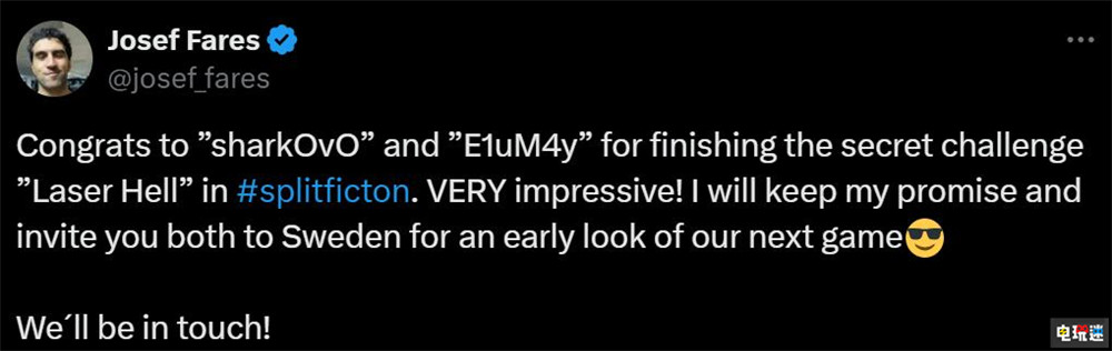 《双影奇境》总监祝贺国人玩家首通隐藏关 邀请去挪威体验新作 Hazelight 约瑟夫·法尔斯 全球首通 隐藏关卡 双影奇境 电玩迷资讯  第2张