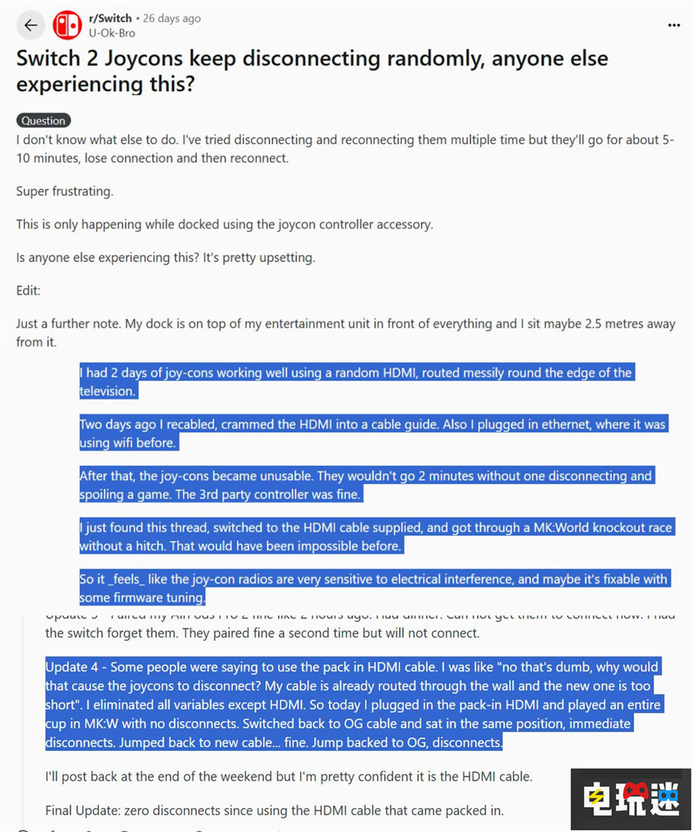 玩家反馈不使用Switch 2原装HDMI线 Joy Con2手柄会断连 Joy Con 2 HDMI Switch 2 Switch 任天堂 任天堂SWITCH  第3张